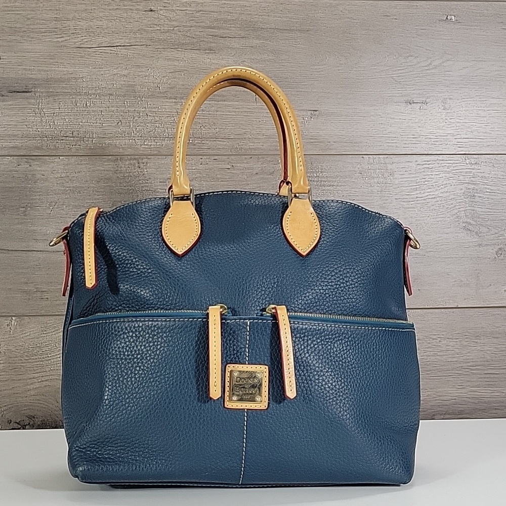 Dooney & Bourke Blue Pebbled Leather Satchel with Tan Handles